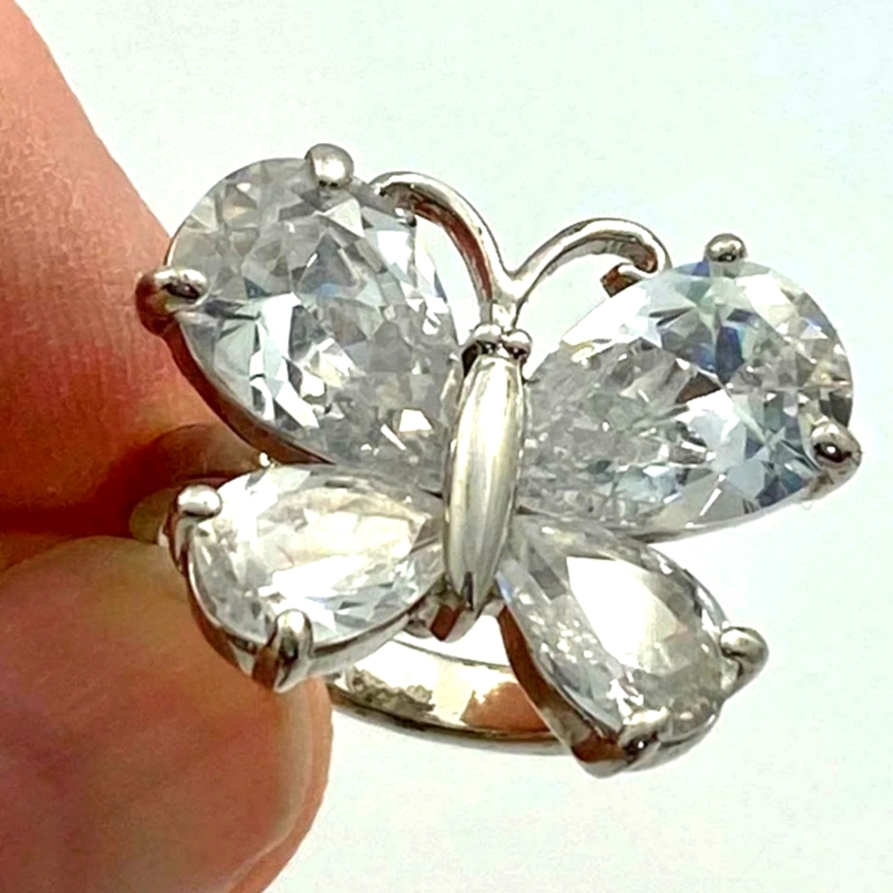 925 stamped Plated clear cz butterfly ring size 6 7 8 9 10 - Picture 1 of 4